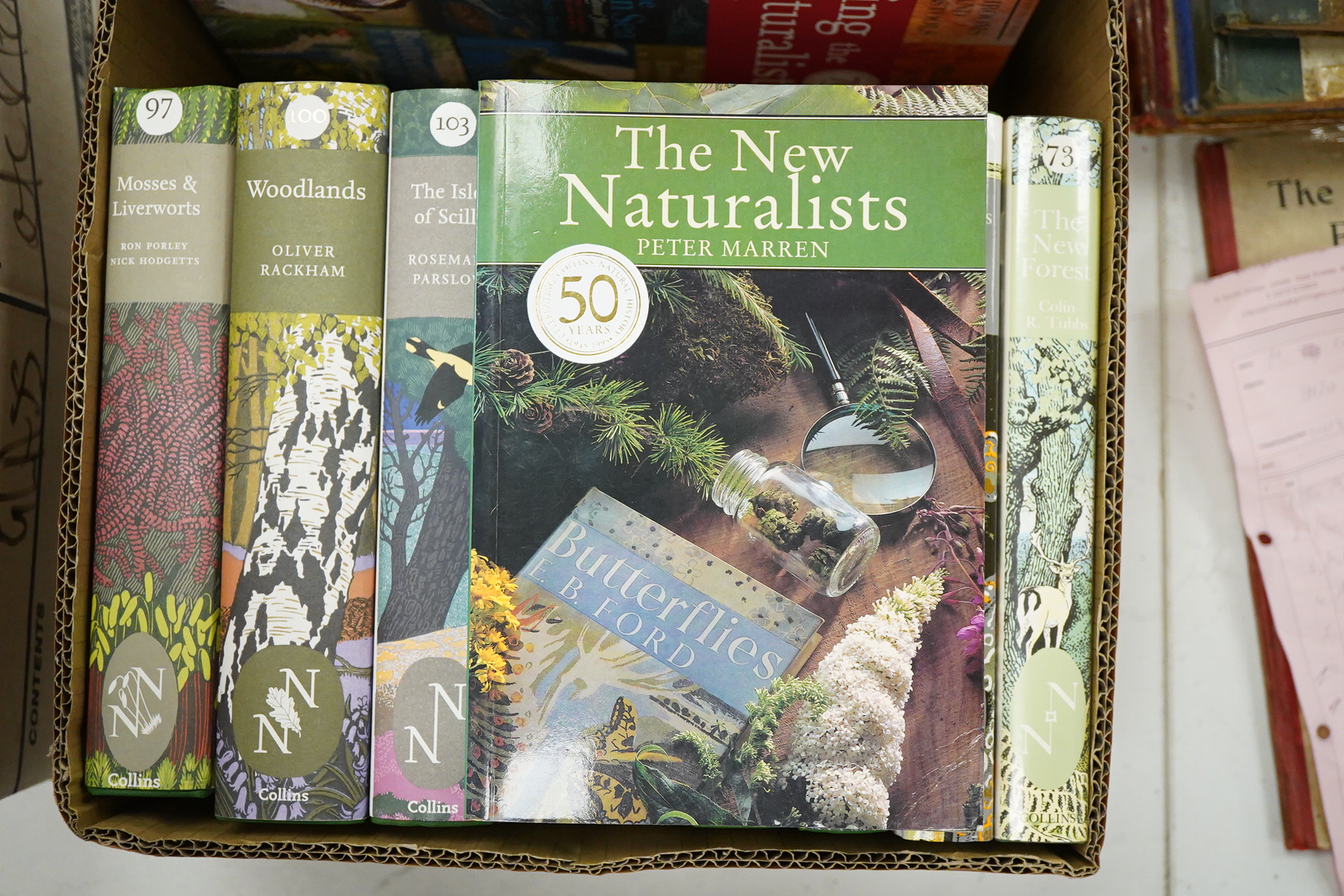 Collins New Naturalist series - the following titles: Heathlands (Webb, no.72); The New Forest (Tubbs, 73); Lichens (Gilbert, 86); Mosses and Liverworts (Porley & Hodgetts,97); Woodlands (Rackham,100); Garden Natural His